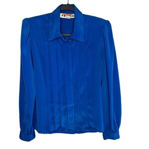 Vintage 80's Jordan Petite Pleated Blind Button Blue Long Sleeve Blouse Size 10
